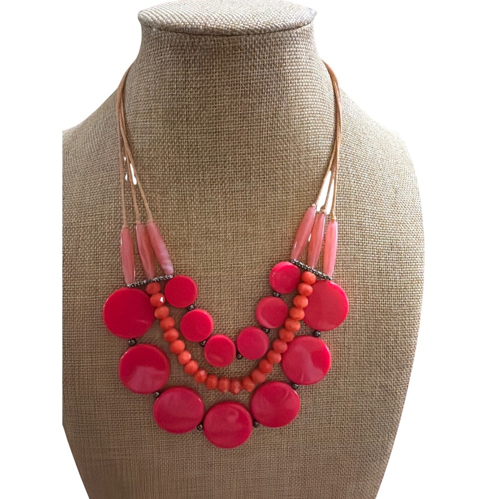 Coral Pink Multi Strand Statement Necklace Resin Disc Beaded Layered 1596